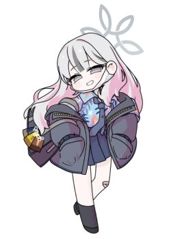 1girl bag bandaid bandaid_on_knee bandaid_on_leg black_shoes black_socks blue_archive blue_necktie blue_shirt blue_skirt chibi collared_shirt full_body grey_eyes grey_hair grey_jacket halo hands_in_pockets hawaiian_shirt head_tilt jacket konoka_(blue_archive) long_hair long_sleeves looking_at_viewer miranofuudoria multicolored_hair necktie off_shoulder open_clothes open_jacket pleated_skirt print_shirt puffy_long_sleeves puffy_sleeves school_bag shirt shoes simple_background skirt smile socks solo streaked_hair tie_clip very_long_hair white_background