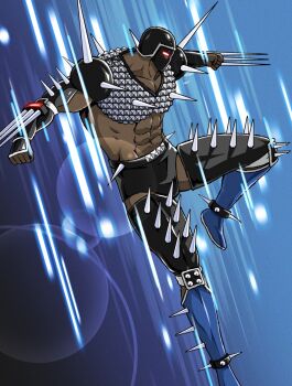 Rule 34 | 1boy, abs, android, artist request, claw (weapon), full body, glowing, glowing eyes, helmet, jumping, kinnikuman, looking ahead, manly, mask, muscular, pectorals, red eyes, shoulder pads, warsman, warsman (final battle mode), weapon