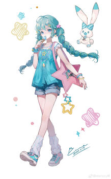 1girl absurdres aqua_hair bag bag_charm bead_necklace beads blue_bow blue_eyes blue_nails blue_scrunchie blue_shirt blue_shoes blue_shorts bow bracelet braid bubble casual character_print charm_(object) collarbone dated denim denim_shorts dot_nose eating eyelashes food frilled_sleeves frills full_body hair_ornament hair_tie hairclip hatsune_miku highres holding holding_food holding_ice_cream holding_ice_cream_cone ice_cream ice_cream_cone jewelry knees layered_shirt leg_warmers long_hair looking_at_viewer loose_hair_strand memory_mie multiple_bracelets nail_polish necklace pink_bag rabbit rabbit_yukine scrunchie self_character_print shirt shoes short_sleeves shorts shoulder_bag signature simple_background sleeveless sleeveless_shirt sneakers solo spaghetti_strap sparkle star-shaped_bag star_(symbol) star_charm star_hair_ornament star_necklace star_print striped_bow twin_braids vertical-striped_leg_warmers very_long_hair vocaloid walking watermark weibo_watermark white_background white_leg_warmers white_shirt wrist_scrunchie