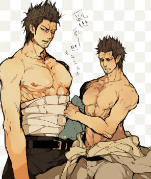 1boy belt black_belt black_hair black_pants checkered_background commentary_request facial_hair gintama goatee_stubble hadanugi_dousa holding holding_unworn_clothes kondou_isao looking_at_viewer male_focus multiple_views muscular muscular_male narrowed_eyes nipples open_kimono open_mouth pants pectorals sachiko_(omame) sarashi short_hair standing stubble sweat topless_male translation_request white_background wiping_sweat