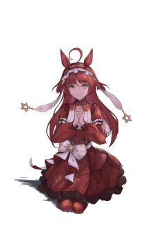 1girl animal_ears blunt_bangs breasts commentary_request full_body hair_between_eyes hair_flaps hair_ornament highres horse_ears horse_girl kneeling long_hair looking_at_viewer own_hands_clasped own_hands_together peperoncino-sama red_desire_(umamusume) red_hair ribbon simple_background small_breasts smile solo star_(symbol) umamusume white_background yellow_eyes