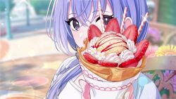 animated bag bench blue_eyes blue_hair carousel crepe english_text food fruit handbag holding idolmaster idolmaster_shiny_colors low_twintails official_art railing roller_coaster strawberry suzuki_hana tagme thick_eyelashes twintails video