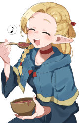 Rule 34 | 1girl, ^ ^, absurdres, blonde hair, braid, choker, closed eyes, dungeon meshi, elf, food, gazacy (dai), highres, holding, holding spoon, marcille donato, musical note, open mouth, pointy ears, red choker, simple background, single braid, solo, spoken musical note, spoon, white background