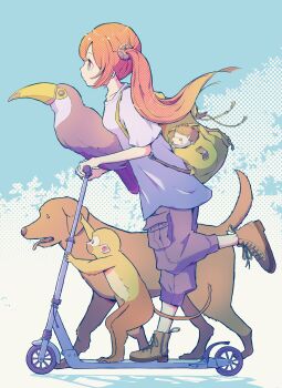 1girl absurdres animal animal_on_arm backpack bag bird bird_on_arm brown_footwear capri_pants cargo_pants dog from_side green_bag halftone hedgehog highres kick_scooter monkey original pants profile red_eyes red_hair shirt short_sleeves stamac_jack toucan twintails white_shirt