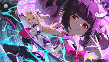 Rule 34 | 2girls, absurdres, ahoge, bare shoulders, black hair, black nails, black skirt, blonde hair, breasts, brown thighhighs, bupa chila, chalky (zenless zone zero), cissia (zenless zone zero), colored inner hair, commentary, detached sleeves, earrings, hair between eyes, hair ornament, hairclip, highres, holding, holding weapon, jewelry, large breasts, leg up, looking at viewer, metal wrist cuffs, miniskirt, multicolored hair, multiple girls, nangong yu, nangong yu (rhapsody's muse), official alternate costume, open mouth, parted lips, pom pom (clothes), pom pom hair ornament, red eyes, short twintails, skirt, smile, snake, snake earrings, snake girl, snake tail, tail, thighhighs, twintails, untranslatable commentary, weapon, white snake, zenless zone zero