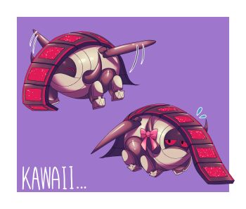 Rule 34 | absurdres, border, bow, commentary request, flying sweatdrops, full body, h (user cwtm2784), highres, iron treads, motion lines, nintendo, no humans, non-humanoid robot, pink bow, pokemon, pokemon (creature), pokemon focus, purple background, robot, robot animal, simple background, white border