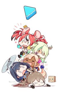 5girls ahoge antlers blonde_hair blue_hair brown_hair ceres_fauna ceres_fauna_(1st_costume) commentary dark-skinned_female dark_skin english_commentary feather_hair_ornament feathers flower friend_(nanashi_mumei) green_hair hair_flower hair_intakes hair_ornament hakos_baelz hakos_baelz_(1st_costume) highres holocouncil hololive hololive_english horns human_stacking limiter_(tsukumo_sana) long_hair multicolored_hair multiple_girls namiorii nanashi_mumei nanashi_mumei_(1st_costume) ouro_kronii ouro_kronii_(1st_costume) planet_hair_ornament short_hair streaked_hair tsukumo_sana tsukumo_sana_(1st_costume) twintails very_long_hair virtual_youtuber white_background yellow_eyes