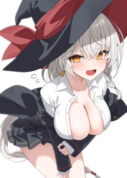 1girl arm_under_breasts black_hat black_jacket black_skirt blue_archive blush braid breasts cleavage collarbone collared_shirt commentary_request earrings eri_(blue_archive) flying_sweatdrops grey_hair hair_between_eyes hat highres jacket jewelry large_breasts leaning_forward long_hair long_sleeves looking_at_viewer off_shoulder open_clothes open_jacket open_mouth open_shirt pleated_skirt shirt simple_background single_braid skirt sleeves_past_wrists smile solo very_long_hair white_background white_hair white_shirt witch_hat yellow_eyes yon_(letter)