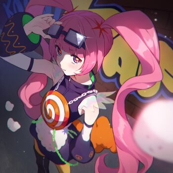 1girl absurdres adjusting_eyewear alternate_costume alternate_hairstyle arm_up black_boots blue_eyes blue_jacket blue_skirt blue_sleeves blush boots closed_mouth commentary_request detached_sleeves eyewear_on_head feet_out_of_frame from_above graffiti highres jacket kaf_(kamitsubaki_studio) kamitsubaki_studio long_hair long_sleeves looking_at_viewer memori_(egachachachan) pantyhose rectangular_eyewear skirt sleeveless sleeveless_jacket smile solo twintails very_long_hair virtual_youtuber wide_sleeves yellow_pantyhose yellow_pupils