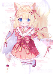Rule 34 | 1girl, :o, ahoge, animal ears, blonde hair, blue eyes, commission, cowboy shot, d omm, detached sleeves, fox ears, fox girl, fox shadow puppet, fox tail, hair ornament, highres, japanese clothes, leg up, long hair, nontraditional miko, open mouth, original, red footwear, red ribbon, ribbon, sandals, skeb commission, tail, thighhighs, white background, white thighhighs, wide sleeves, x hair ornament