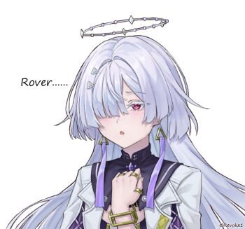 1girl colored_eyelashes commentary earrings english_commentary grey_hair hair_intakes hair_ornament hair_over_one_eye halo hand_up jewelry long_hair mornye_(wuthering_waves) open_mouth portrait red_eyes revok simple_background solo triangle_earrings twitter_username white_background wuthering_waves