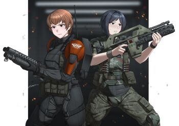 Rule 34 | 2girls, alien (series), alien vs. predator, aliens (1986), ammunition, ammunition pouch, armat m40 hedp grenade, assault rifle, black eyes, black hair, body armor, brown eyes, brown hair, camouflage, caseless ammunition, caseless firearm, colonial marine, commission, commissioner upload, electronic firearm, explosive weapon, fragmentation grenade, freckles, grenade cartridge, grenade launcher, gun, high-explosive cartridge, high-explosive dual-purpose cartridge, highres, holding, holding gun, holding weapon, internal propellant caseless ammunition, korean text, m40 high-explosive dual-purpose, m41a pulse rifle, multiple-barrel gun, multiple girls, pouch, predator (series), pump-action grenade launcher, rifle, science fiction, short hair, signature, sweatdrop, teeth, u1 grenade launcher, underbarrel grenade launcher, weapon, weyland-yutani, zxpfer