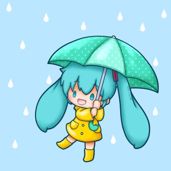 1girl absurdres alternate_costume aqua_eyes aqua_hair boots chibi chibi_only full_body hatsune_miku highres holding holding_umbrella long_hair open_mouth rain raincoat sh1n_chan smile solo standing twintails umbrella vocaloid yellow_boots yellow_raincoat