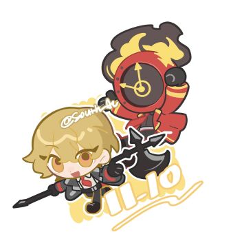 1boy 1other black_gloves blonde_hair chibi collared_shirt dante_(limbus_company) full_body gloves halberd hand_up highres holding holding_polearm holding_weapon limbus_company looking_at_viewer necktie object_head open_mouth polearm project_moon red_necktie shirt short_hair simple_background sinclair_(project_moon) south_ac weapon white_background white_shirt yellow_eyes