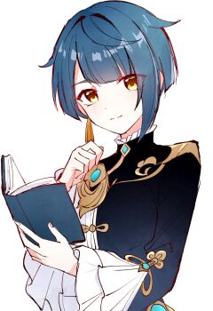 1boy blue_hair book chinese_clothes closed_mouth commentary_request earrings frilled_sleeves frills genshin_impact hand_up highres holding holding_book jewelry kuro774_n long_sleeves looking_at_viewer male_focus open_book short_hair simple_background single_earring smile solo tassel tassel_earrings upper_body white_background xingqiu_(genshin_impact) yellow_eyes
