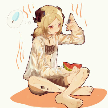 1girl afterimage arknights bandeau barefoot bikini black_bikini blonde_hair bokuken choker commentary_request demon_girl demon_horns feet food fruit full_body highres holding holding_food horns hot ifrit_(arknights) indian_style jacket long_sleeves low_twintails material_growth motion_lines official_alternate_costume open_mouth orange_eyes oripathy_lesion_(arknights) popsicle red_eyes see-through_clothes see-through_jacket short_hair short_twintails shorts simple_background sitting soles solo speech_bubble strapless sweat swimsuit thought_bubble toes tube_top twintails watermelon white_background white_jacket