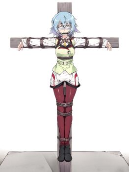 Rule 34 | 1girl, absurdres, bdsm, black shoes, blindfold, blue hair, bondage, bound, breasts, commentary request, commission, crucifixion, gagged, gn-000, green shirt, highres, infinite stratos, infinite stratos academy school uniform, large breasts, necktie, open mouth, pantyhose, red pantyhose, restrained, sarashiki tatenashi, school uniform, shibari, shirt, shoes, short hair, skeb commission, tearing up, white shirt