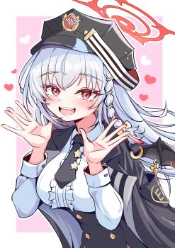 1girl :d absurdres black_hat black_jacket black_necktie black_skirt blue_archive border bow braid breasts buttons center_frills chilong_(heronas) collared_shirt commentary_request demon_girl demon_wings double-breasted eyelashes fang frilled_shirt frills grey_hair hair_between_eyes hair_bow halo hands_up happy haruna_(blue_archive) hat heart high-waist_skirt highres jacket jacket_on_shoulders korean_commentary large_breasts long_hair long_sleeves looking_at_viewer necktie open_mouth outside_border outstretched_hand peaked_cap pink_background red_eyes red_halo school_uniform shirt simple_background single_braid skirt smile solo teeth tsurime upper_teeth_only white_border white_shirt wings yellow_bow