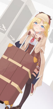 1girl absurdres black_socks blonde_hair blue_eyes blush bob_cut commentary detective graduation hair_ornament hat highres holding hololive hololive_english kurushiro1102 long_sleeves looking_at_viewer mustache_print necktie plaid_clothes plaid_skirt red_necktie shirt short_hair simple_background skirt smile socks solo suitcase virtual_youtuber watson_amelia watson_amelia_(1st_costume) white_shirt