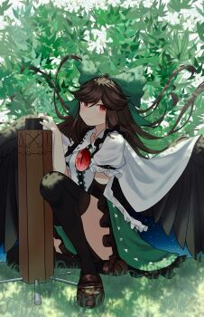 1girl absurdres arm_cannon asymmetrical_footwear bird_wings black_hair black_wings blush bow breasts brown_hair cape commentary_request control_rod_(touhou) cosmos_0131 green_bow green_skirt hair_bow highres long_hair looking_at_viewer mismatched_footwear red_eyes reiuji_utsuho shirt skirt smile solo starry_sky_print third_eye third_eye_on_chest touhou weapon wings