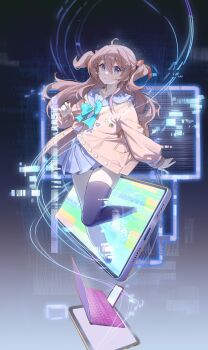 Rule 34 | 1girl, :o, absurdres, ahoge, aqua bow, aqua bowtie, asymmetrical legwear, black socks, blue background, blue eyes, blue sailor collar, blue skirt, bow, bowtie, brown hair, buttons, cardigan, cellphone, commentary, computer, curled fingers, distortion, error message, floating clothes, floating hair, glitch, gradient background, grey background, hair between eyes, hair ornament, hair ribbon, heart, heart hair ornament, highres, hokushuu, laptop, light particles, long hair, long sleeves, miniskirt, monitor, neuro-sama, parted lips, phone, pleated skirt, pocket, red ribbon, ribbon, sailor collar, screen, shade, skirt, smartphone, socks, solo, symbol-only commentary, tablet pc, through medium, through screen, two side up, uneven legwear, vedal ai, virtual youtuber, wide-eyed, yellow cardigan