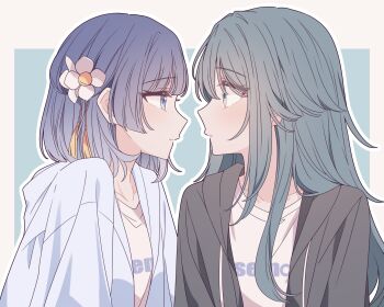 2girls black_hoodie blue_background blue_eyes blue_hair closed_mouth commentary eye_contact flower gakuen_idolmaster hair_flower hair_ornament hataya_misuzu highres hood hoodie idolmaster kousaka_0v0 long_hair looking_at_another multiple_girls outline parted_lips purple_eyes purple_hair shirt short_hair tsukimura_temari two-tone_background upper_body white_background white_flower white_hoodie white_outline white_shirt yuri