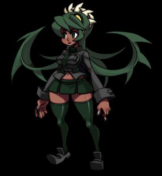 Rule 34 | 1girl, alex ahad, black background, breast pocket, breasts, clone, dark-skinned female, dark skin, extra mouth, eyeshadow, female focus, fukua (skullgirls), futakuchi-onna, green eyes, green hair, green thighhighs, impossible clothes, impossible shirt, jpeg artifacts, lipstick, loafers, long hair, makeup, matching hair/eyes, miniskirt, navel, necktie, official art, parasite, pocket, prehensile hair, school uniform, shamone (skullgirls), sharp teeth, shirt, shoes, simple background, skirt, skullgirls, smile, solo, standing, teeth, thighhighs, wrist cuffs, yellow eyes, zettai ryouiki