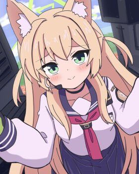 1girl animal_ear_fluff animal_ears black_choker black_sailor_collar black_skirt blonde_hair blue_archive blue_sky blush choker closed_mouth commentary cowboy_shot day dutch_angle eyes_visible_through_hair fox_ears fox_girl furrowed_brow green_eyes green_halo hair_between_eyes hair_intakes halo hands_up highres kotowa kurumi_(blue_archive) long_hair long_sleeves looking_at_viewer neckerchief outdoors pleated_skirt red_neckerchief sailor_collar school_uniform serafuku shirt sidelocks skirt sky smile solo split_mouth triangle_halo two_side_up upturned_eyes very_long_hair white_shirt