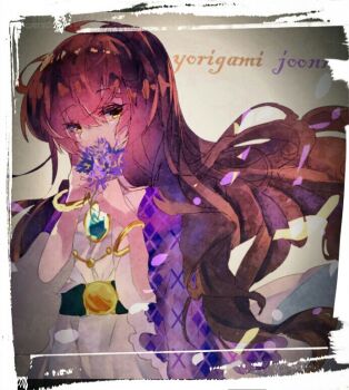 1girl alternate_hairstyle bangle blue_gemstone border bracelet brown_hair character_name coat commentary_request dress flower gem gold grey_background hair_down holding holding_flower jewelry long_hair looking_at_viewer necklace one-hour_drawing_challenge open_clothes open_coat plaid_clothes plaid_coat purple_coat purple_flower shinjitsu_no_kuchi solo touhou upper_body white_border white_dress yellow_eyes yorigami_jo&#039;on