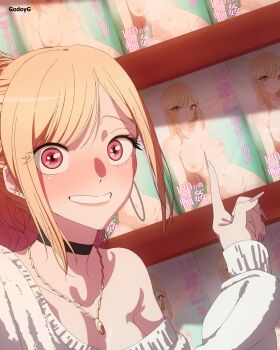 1girl absurdres armpit_crease artist_name black_choker blonde_hair blush breasts choker collarbone commentary completely_nude ear_piercing earrings felipe_godoy fingernails gradient_hair groin highres hoop_earrings jewelry kitagawa_marin long_fingernails long_hair long_sleeves looking_at_viewer multicolored_hair nail_polish navel necklace nipples nude piercing pink_eyes pink_hair pink_lips pink_nails pointing pornography shelf single_bare_shoulder single_off_shoulder smile sono_bisque_doll_wa_koi_wo_suru stomach sweater thighs two-tone_hair white_sweater