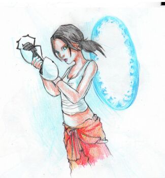arms_in_front bare_shoulders black_hair blue_light chell colored_pencil_(medium) dark_eyes david_revoy facing_to_the_side gun holding holding_gun holding_weapon jumpsuit looking_at_viewer midriff orange_jumpsuit portal_(object) portal_(series) aperture_science_handheld_portal_device tank_top traditional_media weapon white_background white_tank_top
