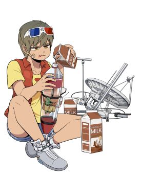 1girl 3d_glasses bandaid bandaid_on_cheek bandaid_on_face bottle brown_hair chocolate_milk commentary_request computer_chip drink_carton eyewear_on_head frown full_body galois grey_shoes highres holding holding_milk_carton jamie_dear korean_commentary milk_carton odyssey_(galois) pouring radar_dish red_vest shirt shoes short_hair short_shorts shorts sitting sneakers soda_bottle solo t-shirt tongue tongue_out vest yellow_eyes yellow_shirt