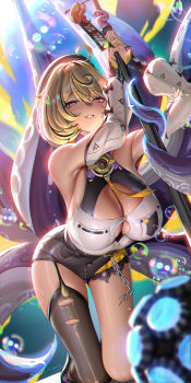 1girl black_garter_straps black_shorts black_thighhighs blonde_hair breasts cleavage covered_navel garter_straps hair_between_eyes highres large_breasts liang_xing looking_at_viewer mole mole_under_mouth monster_girl scylla short_hair shorts single_garter_strap single_thighhigh smile solo tentacle_girl tentacle_tail thighhighs yidhari_murphy zenless_zone_zero