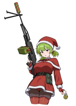 1girl :d aiming_up ammunition_box ammunition_pouch belt_pouch bipod blush breasts brown_pantyhose capelet christmas cocktiel77 commentary_request cropped_legs dress explosive fur-trimmed_capelet fur_trim green_hair grenade gun hat highres holding holding_gun holding_weapon korean_commentary large_breasts looking_at_viewer machine_gun merry_christmas open_mouth orange_eyes original panties pantyhose pantyshot pkp_pecheneg pouch red_capelet red_panties red_thighhighs rgo_(grenade) santa_costume santa_dress santa_hat short_dress short_hair simple_background skindentation smile solo suppressor thighhighs thighs trigger_discipline twintails underwear weapon weapon_request white_background