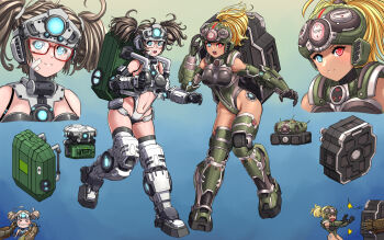 1boy 2girls armored_boots blonde_hair blue_eyes boots breasts brown_hair clothing_cutout doom_(2016) doom_(series) doom_eternal doomguy gauntlets glasses green_leotard heterochromia highres large_breasts leotard multiple_girls navel personification ponytail red-framed_eyewear red_eyes ringed_eyes stomach_cutout substance20 twintails white_leotard