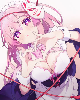 1girl alternate_costume apron back_bow blush bow bowtie breasts chikuzen1996 cleavage commentary_request corset detached_collar dress enmaided fox_mask gradient_background hata_no_kokoro heart heart-shaped_pupils heart_hands highres large_breasts long_hair looking_at_viewer maid maid_headdress mask mask_on_head open_mouth pink_bow pink_bowtie pink_eyes pink_hair purple_bow purple_corset purple_dress solo symbol-shaped_pupils touhou very_long_hair waist_apron white_apron white_dress white_wrist_cuffs wrist_cuffs