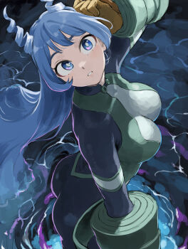 1girl absurdres ass blue_bodysuit blue_eyes blue_hair bodysuit boku_no_hero_academia breasts drill_hair female_focus fengling_(furin-jp) gloves green_bodysuit hado_nejire hair_horns highres large_breasts long_hair looking_at_viewer looking_up matching_hair/eyes multicolored_bodysuit parted_lips skin_tight solo superhero_costume teeth twin_drills very_long_hair yellow_gloves