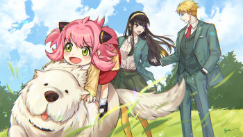 1boy 2girls anya_(spy_x_family) belt black_hair black_shoes blonde_hair bom61487782 bond_(spy_x_family) brown_belt dog family field green_eyes green_skirt hairpods hashtag-only_commentary highres holding_hands long_hair mary_janes multiple_girls necktie open_mouth outdoors pink_hair polka_dot polka_dot_shirt red_necktie riding riding_animal shirt shoes skirt socks spy_x_family twilight_(spy_x_family) vest white_dog white_socks yor_briar