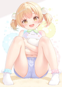 1girl :d bird_hair_ornament blonde_hair blue_shorts blush commentary_request hair_between_eyes hair_ornament highres hugging_object knees_up loli looking_at_viewer navel open_mouth original rebun shirt short_twintails shorts sitting smile teeth thighs twintails upper_teeth_only white_shirt yellow_eyes