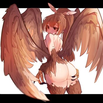 1girl ass bare_back bare_shoulders breasts brown_eyes brown_hair claws closed_mouth clulless commentary cowboy_shot double-parted_bangs english_commentary feathered_wings feathers from_behind grabbing_own_ass hair_ornament harpy highres hololive hololive_english large_breasts letterboxed long_hair looking_at_viewer looking_back monster_girl multiple_wings nanashi_mumei nanashi_mumei_(harpy) outside_border ponytail simple_background solo virtual_youtuber white_background wings