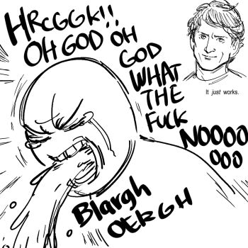 Rule 34 | 2boys, bb (baalbuddy), black outline, closed eyes, english text, greyscale, monochrome, multiple boys, open mouth, outline, real life, shouting, solo, sound effects, tearing up, todd howard, vomiting