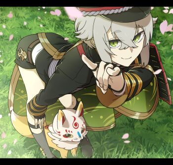 1boy armor crossed_bangs cyp1a2 field fox green_eyes hand_on_own_knee highres hotarumaru japanese_armor leaning_forward letterboxed looking_at_viewer male_focus outdoors petals shoulder_armor smile sode solo touken_ranbu white_hair