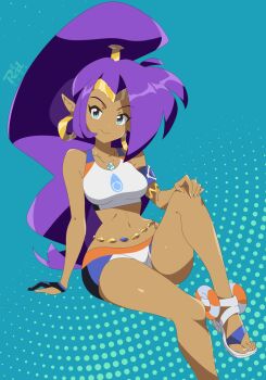 1girl absurdres armlet black_gloves blue_eyes breasts commentary cosplay crop_top dark-skinned_female dark_skin earrings english_commentary gloves gold_earrings high_ponytail highres jewelry long_hair looking_at_viewer medium_breasts mixed-language_commentary navel nessa_(pokemon) nessa_(pokemon)_(cosplay) nintendo partially_fingerless_gloves pointy_ears pokemon pokemon_swsh ponytail purple_hair r3dfive sandals shantae shantae_(series) short_shorts shorts single_glove smile solo swimsuit white_sandals