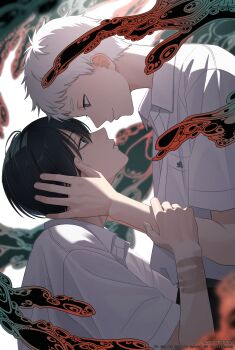 2boys absurdres black_hair collared_shirt handprint highres hikaru_ga_shinda_natsu indou_hikaru male_focus mole mole_under_eye multiple_boys pants school_uniform shirt shirt_tucked_in short_hair short_sleeves smile tsujinaka_yoshiki white_hair white_shirt yaoi yugake_(mrnmrm)