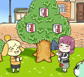 Rule 34 | 1boy, 2girls, alcohol carton, animal crossing, animal ears, black skirt, bocchi the rock!, cardigan, closed eyes, crossover, dog ears, dress, drink carton, drunk, gameplay mechanics, grass, green dress, hiroi kikuri, holding, holding shovel, isabelle (animal crossing), jacket, letterman jacket, multiple girls, nintendo, purple hair, rabbit boy, rabbit tail, sandals, sasha (animal crossing), shovel, skirt, smile, torako (toramaru), tree, yellow cardigan
