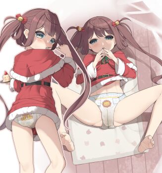 1girl ameharu aqua_eyes asagumo_(kancolle) barefoot bell belt belt_buckle black_belt blush bow bowtie brown_hair buckle cake capelet closed_mouth commentary_request diaper dress eating food fur-trimmed_capelet fur-trimmed_dress fur_trim green_bow green_bowtie grey_outline hair_bell hair_bow hair_ornament hand_up hands_up highres holding holding_plate holding_spoon kantai_collection loli long_hair long_sleeves looking_at_viewer looking_back lying multiple_views on_back on_floor outline parted_lips pee_stain peed_self plate print_diaper red_bow red_capelet red_dress santa_costume shadow short_dress spoon spread_legs standing twintails variant_set wet_diaper