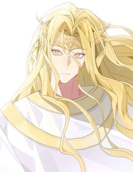 1boy blonde_hair braid circlet closed_mouth elden_ring gold_trim hair_between_eyes highres long_hair male_focus miquella_(elden_ring) multiple_braids parted_bangs robe side_braid solo upper_body wavy_hair white_background white_robe wintercoming42 yellow_eyes