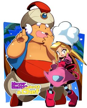 Rule 34 | black eyes, blonde hair, blue thighhighs, blue vest, buck teeth, chef, chef (shantae), chef hat, commentary request, day, dress, feathers, gloves, grey pants, hand on own hip, hand up, hands up, hat, hat feather, heel up, highres, index finger raised, long hair, mayor scuttlebutt, open clothes, open mouth, open vest, outdoors, palm tree, pants, pink dress, pink gloves, pointy shoes, red feathers, red sash, red shoes, sakurajyousui nami, sash, shantae (series), shoes, short hair, sleeveless, sleeveless dress, smile, spiked hair, standing, striped clothes, striped thighhighs, teeth, thighhighs, tree, turban, twitter username, very long hair, vest, white hair