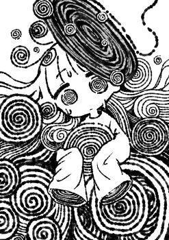 1girl @_@ commentary_request expressionless greyscale head_tilt highres holding long_hair long_sleeves monochrome original sleeves_past_fingers sleeves_past_wrists solo spiral sweat z2tdrcyvvjjk0gl