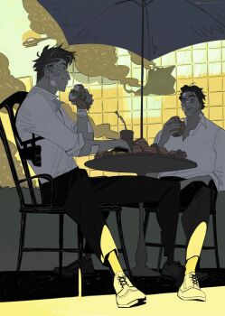 2boys aircraft alternate_universe bandages black_hair broken_glass brown_hair building burger chair chewing collared_shirt commentary_request cup dingnin98201637 disposable_cup drinking_straw eating facial_hair feet_out_of_frame food gauze gauze_on_cheek glass grey_hair gun hair_slicked_back helicopter highres holding holding_burger holding_food holster injury male_focus marvel miguel_o&#039;hara mixed-language_commentary multicolored_hair multiple_boys one_eye_closed open_collar pants peter_b_parker shirt sitting smoke spider-man:_across_the_spider-verse spider-man_(series) spider-verse streaked_hair umbrella weapon white_shirt